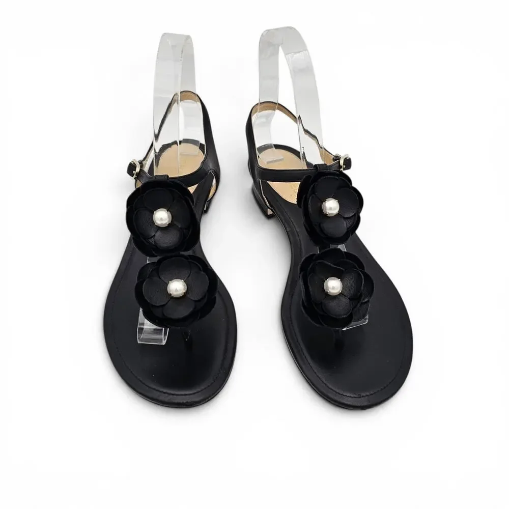 Chanel CC Camelia Flower Pearl Flat Thong Sandal Black Leather Size 38 US 7 7.5